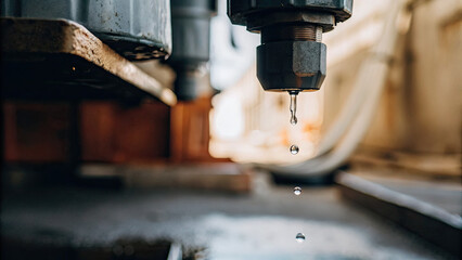 Close-up of water droplet falling from cooling tower, symbolizing Legionnaires' disease risk in industrial water systems, environmental health and safety concept.