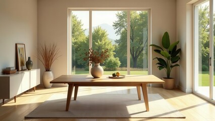 Serene minimalist dining room with natural light, wooden table, and verdant view
