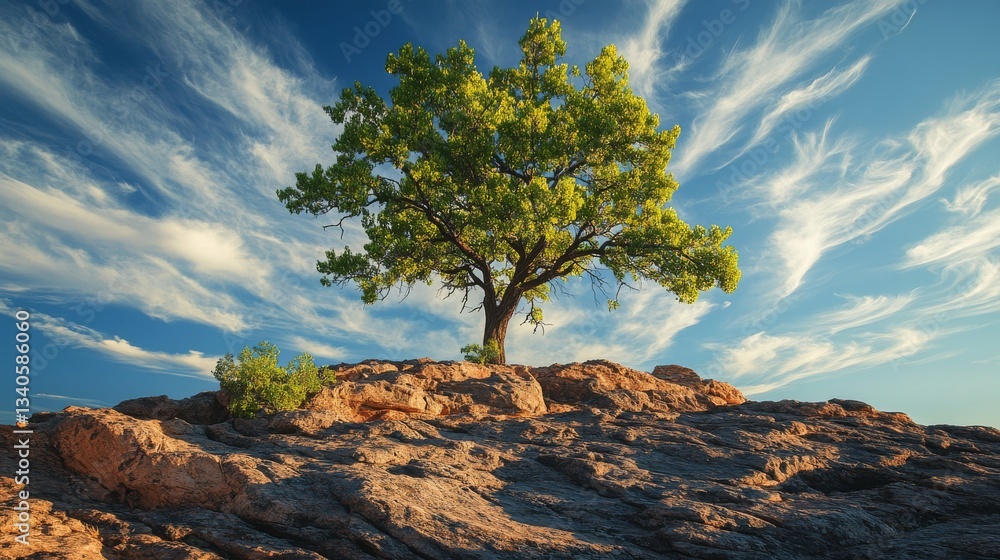 Wall mural lone tree on rocky hill under dynamic sky, landscape view. solitude and nature concept
