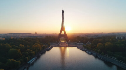 Obraz premium breathtaking aerial view of Eiffel Tower at sunset, showcasing beauty of Paris