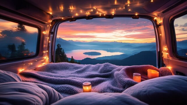 Cozy camper van retreat with fairy lights and a breathtaking sunset view Generative AI - Powered by Adobe