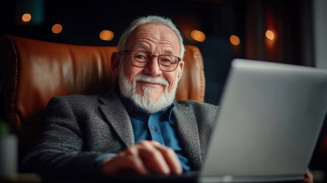 An older man is sitting in a chair with a laptop in front of him