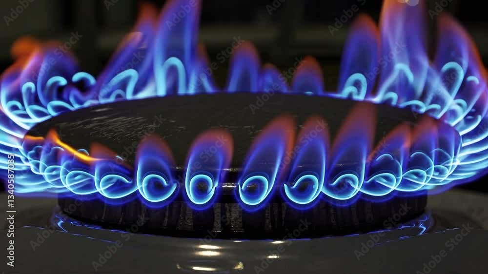 Poster close up view revealing vibrant blue and orange flames flickering dynamically across gas burner surf