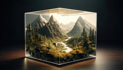 Mesmerizing miniature world inside a translucent cube with mountains and rivers. Fantasy landscape within a crystal-clear cube featuring waterfalls and misty peaks