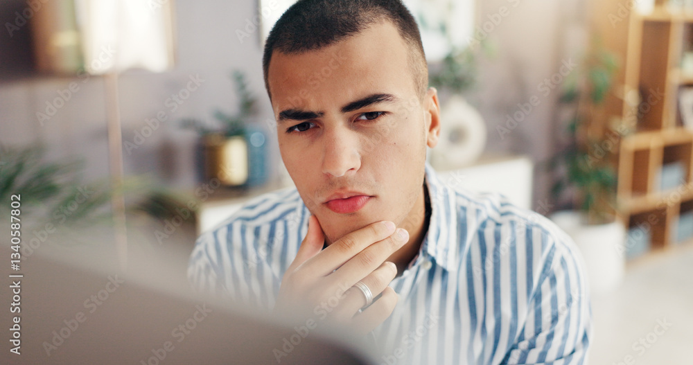 Poster man, thinking and home with computer for decision, choice or planning creative solution. face, male 