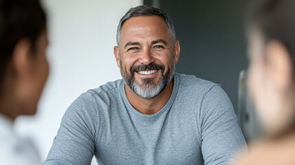 Obraz premium Smiling man in casual gray shirt engaging with employees in discussion