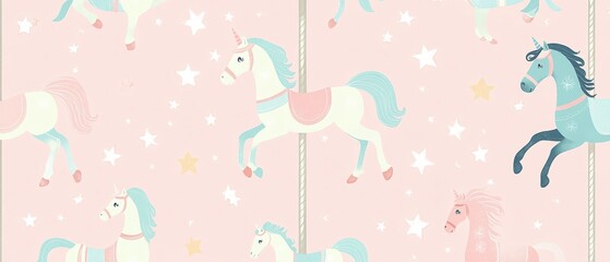 Adorable carousel horses and tiny twinkling stars in a soft pastel whimsical seamless pattern, delicate charm