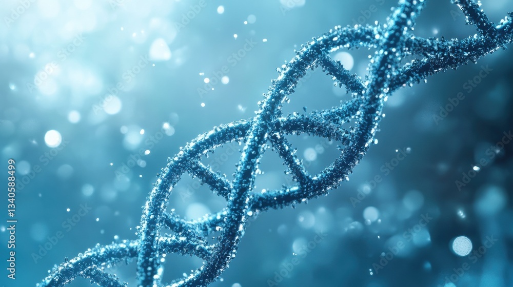 Poster floating dna helix of shimmering particles on a soft blue background demonstrating the concept of ge