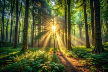 Panoramic Forest Sunlight Beam: Mystical Light Piercing Dark Woods