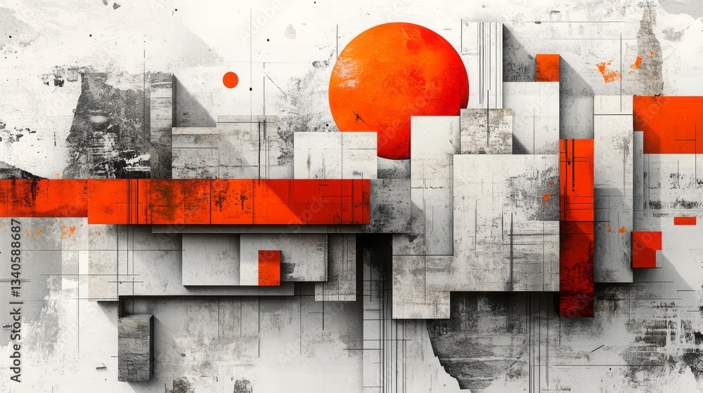 Poster abstract composition features floating geometric shapes and contrasting colors