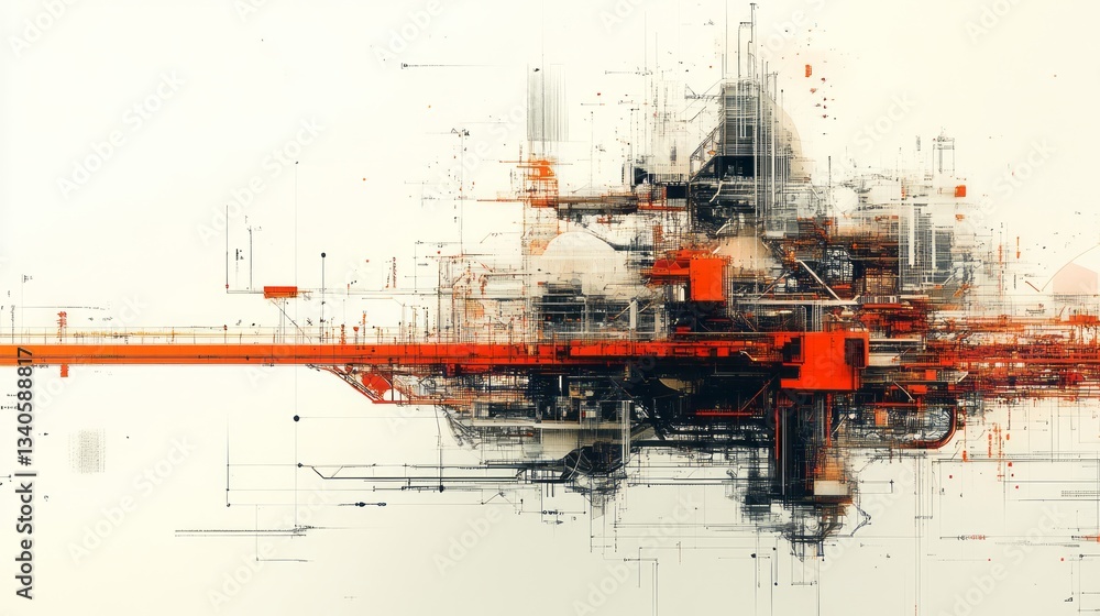 Poster intricate and complex abstract architectural structure in orange and gray
