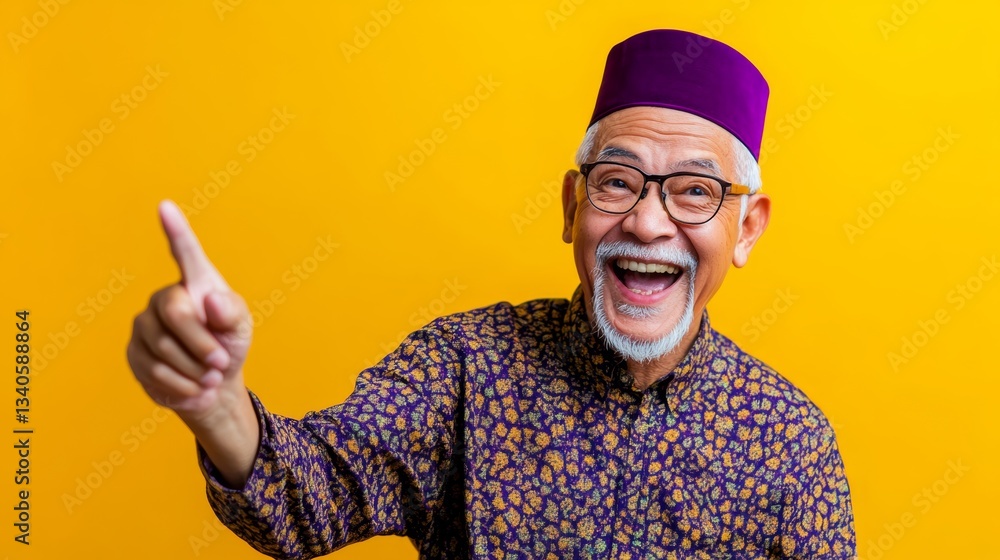 Poster man with a purple hat and glasses is smiling and pointing to the camera