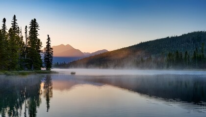 Fototapeta premium a serene lake at dawn with mist rising from the water surrounded by tall pine trees and distant mountains