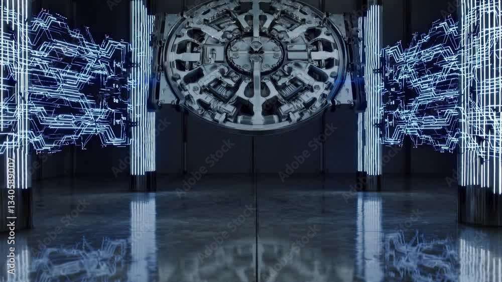 Poster advanced security vault door revealing intricate electric circuits, representing cutting edge digita