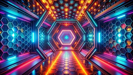 Fototapeta premium Panoramic Hexagon Light Pattern: Glowing Geometric Abstract Background