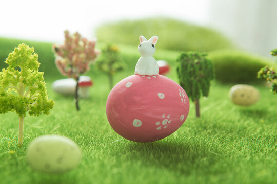 Easter eggs on green grass. Fairy tale