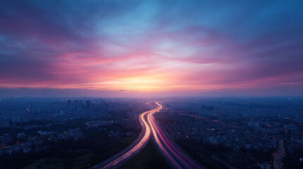 stunning sunset over cityscape with vibrant colors and light trails