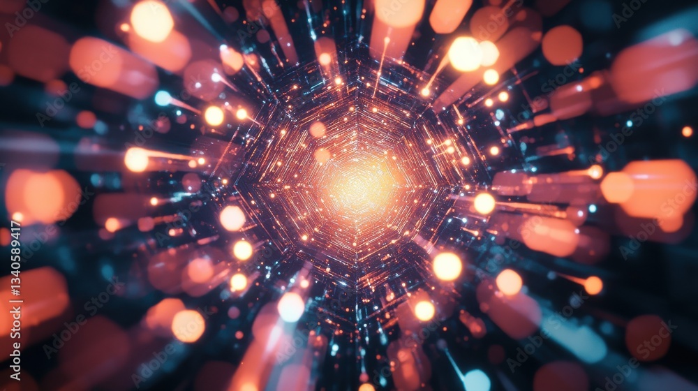 Poster abstract background hexagon pattern with glowing lights - generative ai illustration