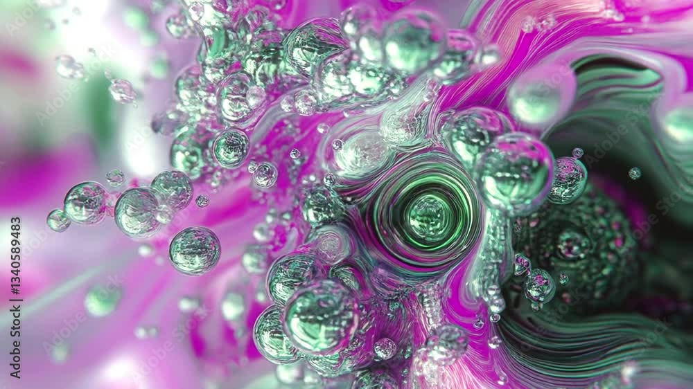 Poster liquid forms spill over each other, creating the illusion of a transformation
