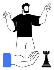Confident figure pointing forward, open hand symbolizing support, chess rook emphasizing strategic thinking. Ideal for leadership, strategy, guidance, teamwork, decision-making, mentorship