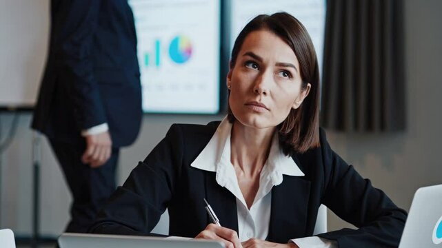 Businesswoman taking notes during a digital security meeting, focusing on cybersecurity strategies and data protection