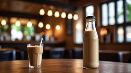 bottle of cold plain milk coffee on wooden table with bokeh cafe background