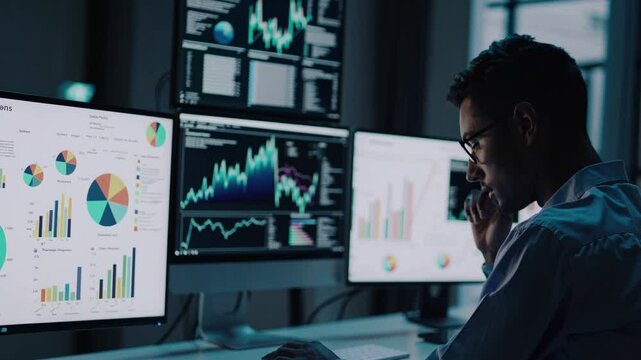 Young data scientist analyzing graphs and code displayed on multiple computer screens in a dark office
