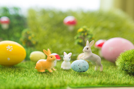 Easter eggs on green grass. Fairy tale