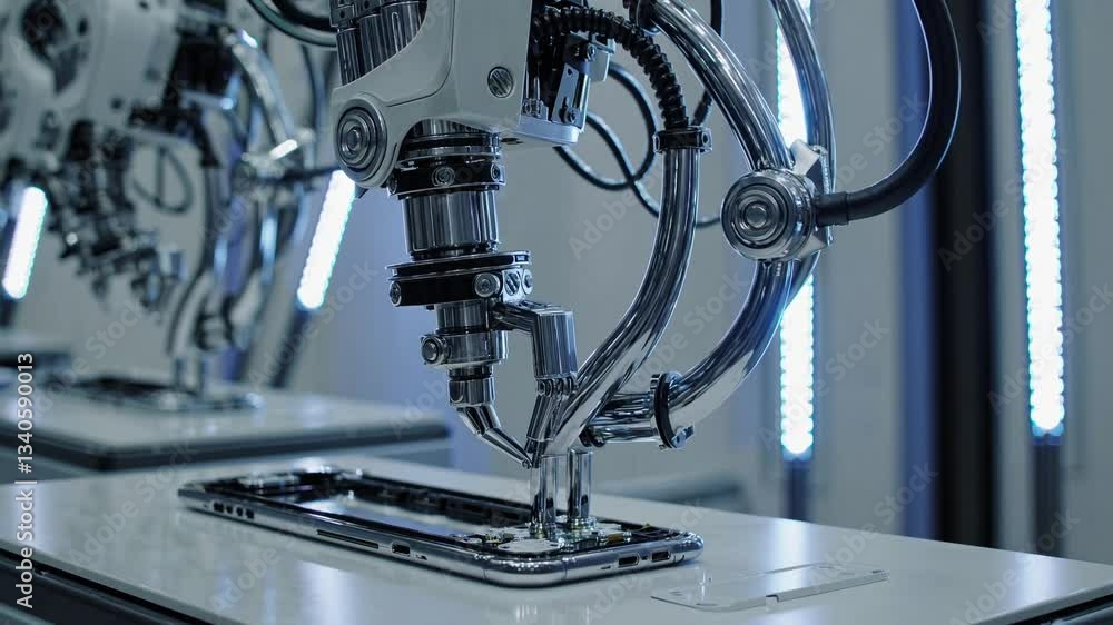 Poster robotic arms performing precise smartphone assembly on advanced production line, showcasing automate