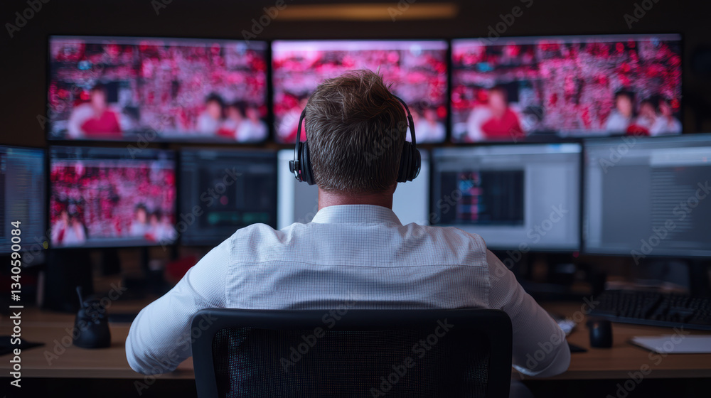 Poster focused professional monitors multiple screens in high tech environment