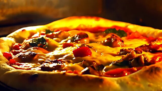 a pizza cooking in a high temperature oven