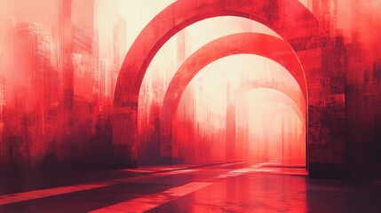 Red monochromatic abstract architecture features arches and implied cityscape