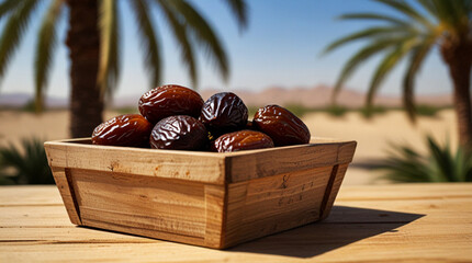 dates in a wooden container on a wooden table with a desert and date palm tree background