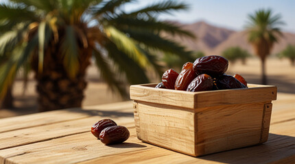 dates in a wooden container on a wooden table with a desert and date palm tree background