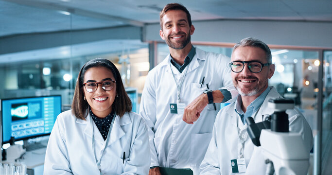 Collaboration, portrait and science with people in laboratory together for breakthrough or development. Medical, microscope and smile of happy research team in clinical trial for expert discovery