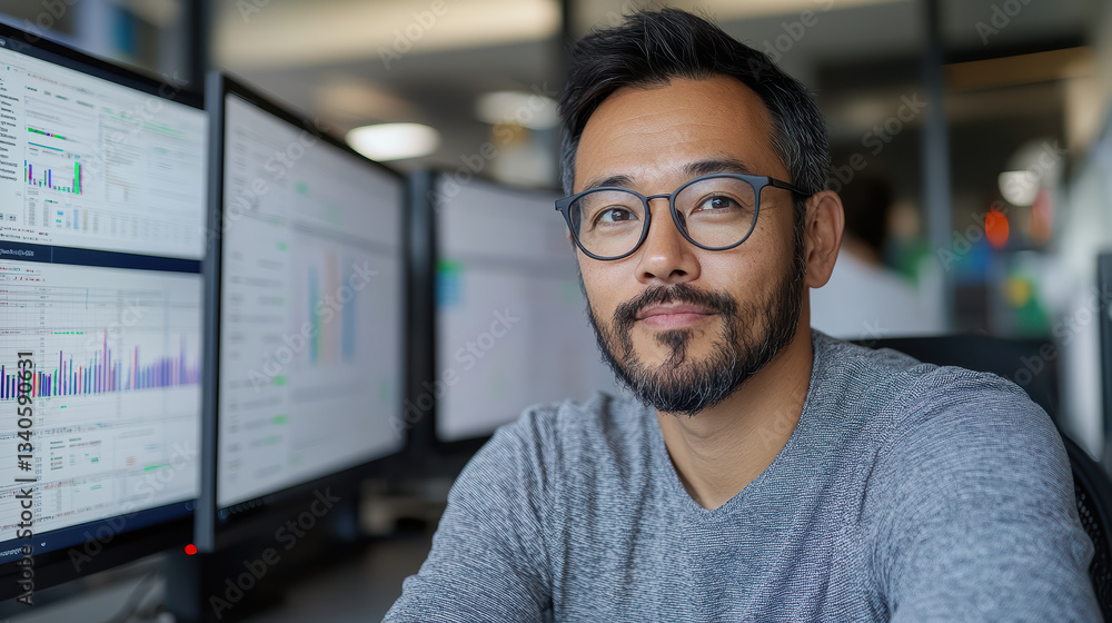 Poster data scientist analyzing consumer behavior in modern office setting