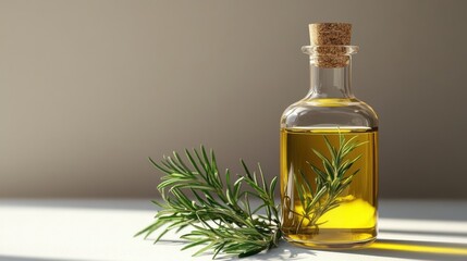 A glass bottle filled with golden oil and fresh rosemary sprigs.