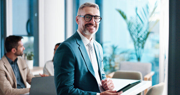 Mature businessman, tablet and portrait in office, corporate investor and coworking. Smile, financial manager and digital technology at venture capital, private equity and executive ceo with glasses