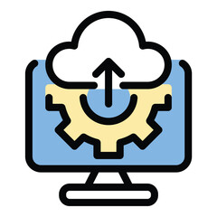 Cloud computing migrating icon in flat line style representing data transfer system migration and cloud adoption ideal for IT infrastructure digital transformation and network solutions concepts.