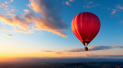 Fototapeta premium A red hot air balloon flying in the sky at sunset