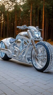Diamond-Encrusted Custom Motorcycle in a Forest