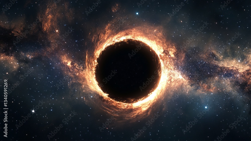 Poster spectacular view of a glowing black hole surrounded by stars in deep space