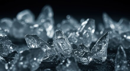 Close-up of Sharp Glass Pieces Sparkling on Dark Surface