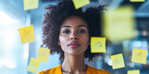 Young Black Woman Deep in Thought Surrounded by Sticky Notes in Modern Workspace