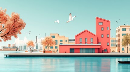 Obraz premium Stylized waterfront cityscape features colorful buildings and serene water