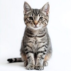 Obraz premium A small gray and white striped kitten sitting on a white surface