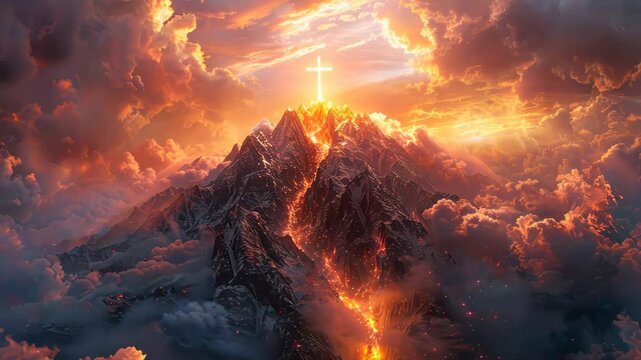 Glowing Silhouette crucifix on cross on mountain peak in heaven