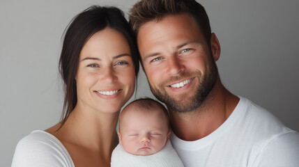 Fototapeta premium happy couple poses with their newborn baby, showcasing love and joy