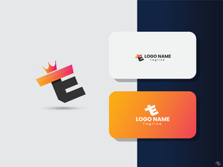 E letter typography logo design with a crown and gradient color. Typography E logo design vector. E letter art with a crown. Business card design presentation.