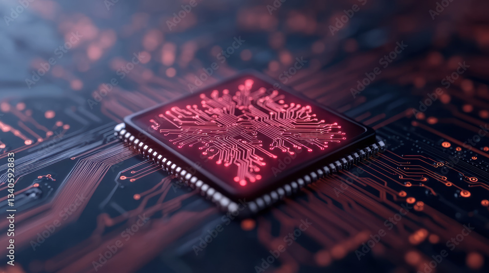 Poster futuristic microchip with intricate circuitry glowing in red tones